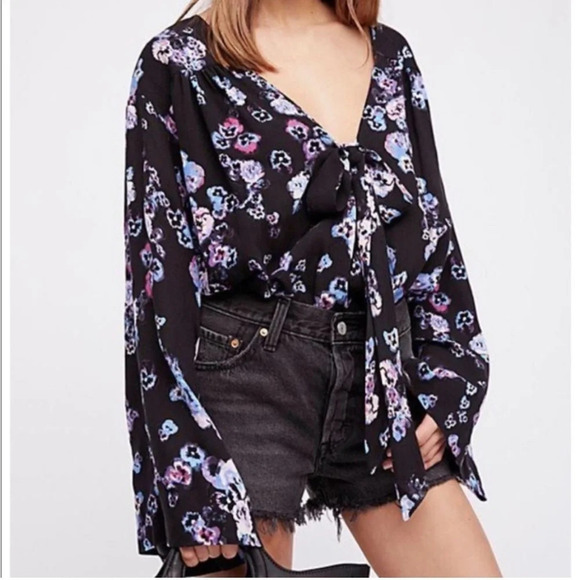 Free People Forties Feel Black Blue Floral Lace Bottom Bodysuit Bell Sleeve XS - Picture 1 of 11
